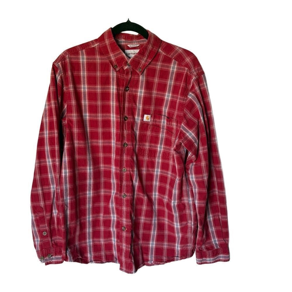 Carhartt Mens Red Plaid Button Down Shirt Size M Relaxed Fit Workwear Casual